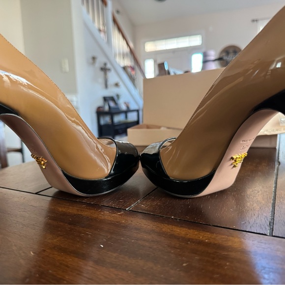 Prada Black and Cream Peep-Toe Heels - Picture 4 of 6